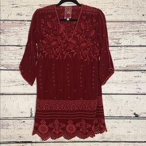 Johnny Was Burgundy Embroidered V-Neck Tunic Dress